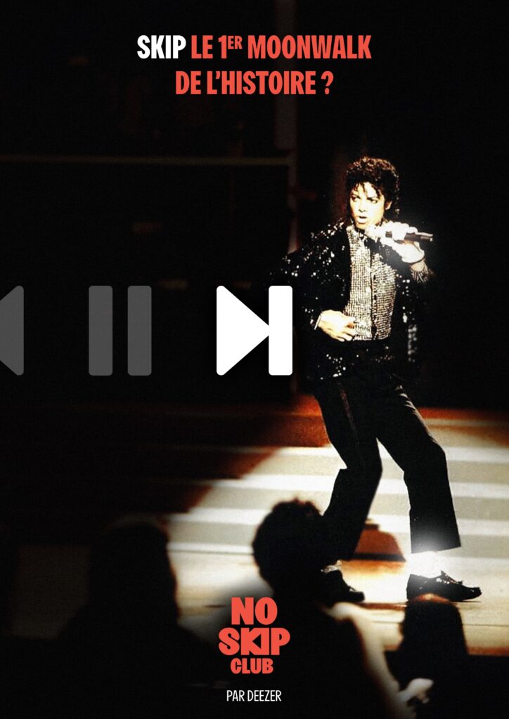 Poster promotionnel pour le No Skip Club, représentant le premier Moonwalk de Michael Jackson, retransmis en direct à la télévision, en 1983.