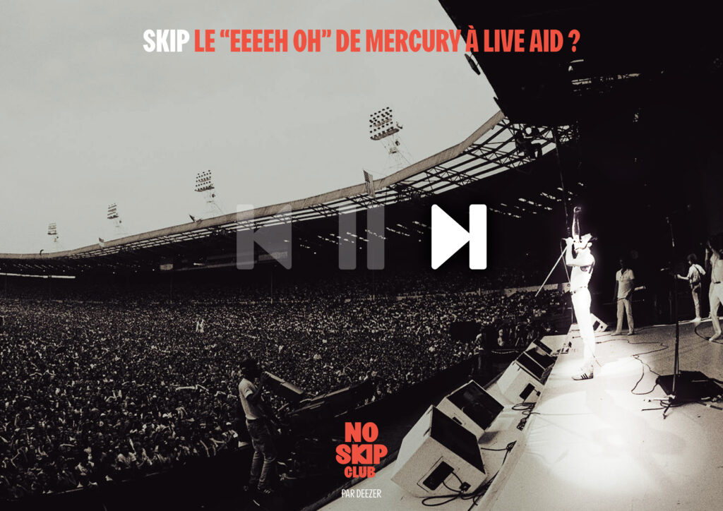 Poster promotionnel du No Skip Club, représentant le "Eeh-Oh" lancé par Freddie Mercury aux 90 000 spectateurs présents à Wembley, lors du Live Aid, en 1985.