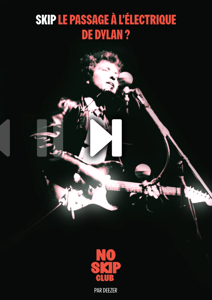 Poster promotionnel du No Skip Club, représentant la première fois que Bob Dylan a joué une chanson à la guitare électrique, au Newport Folk Festival, en 1965.