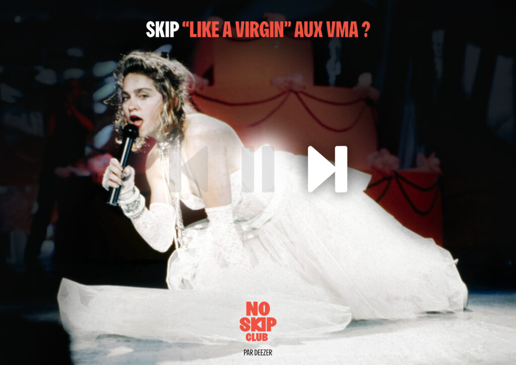 Poster promotionnel du No Skip Club, représentant la prestation de "Like A Virgin" de Madonna, aux MTV Video Music Awards, en 1984.