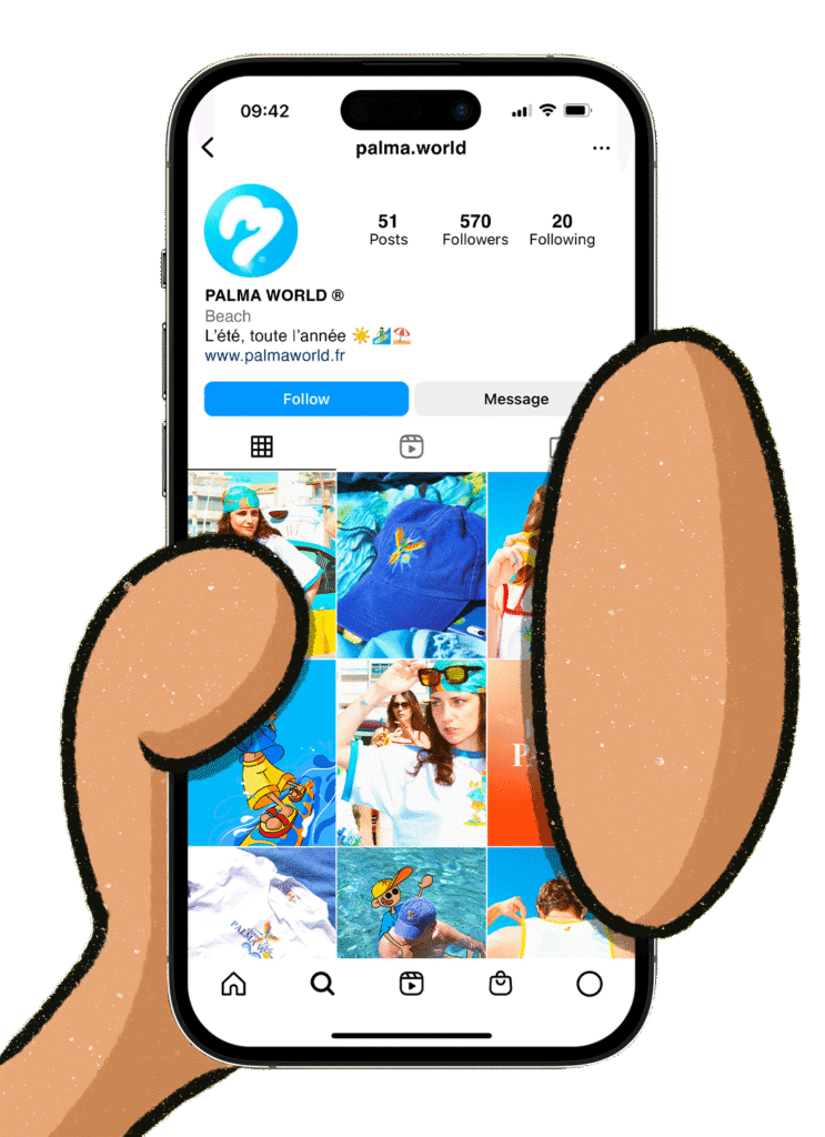 Paco, la mascotte de Palma World, tient un téléphone portable pour montrer le feed de la page Instagram de la marque.